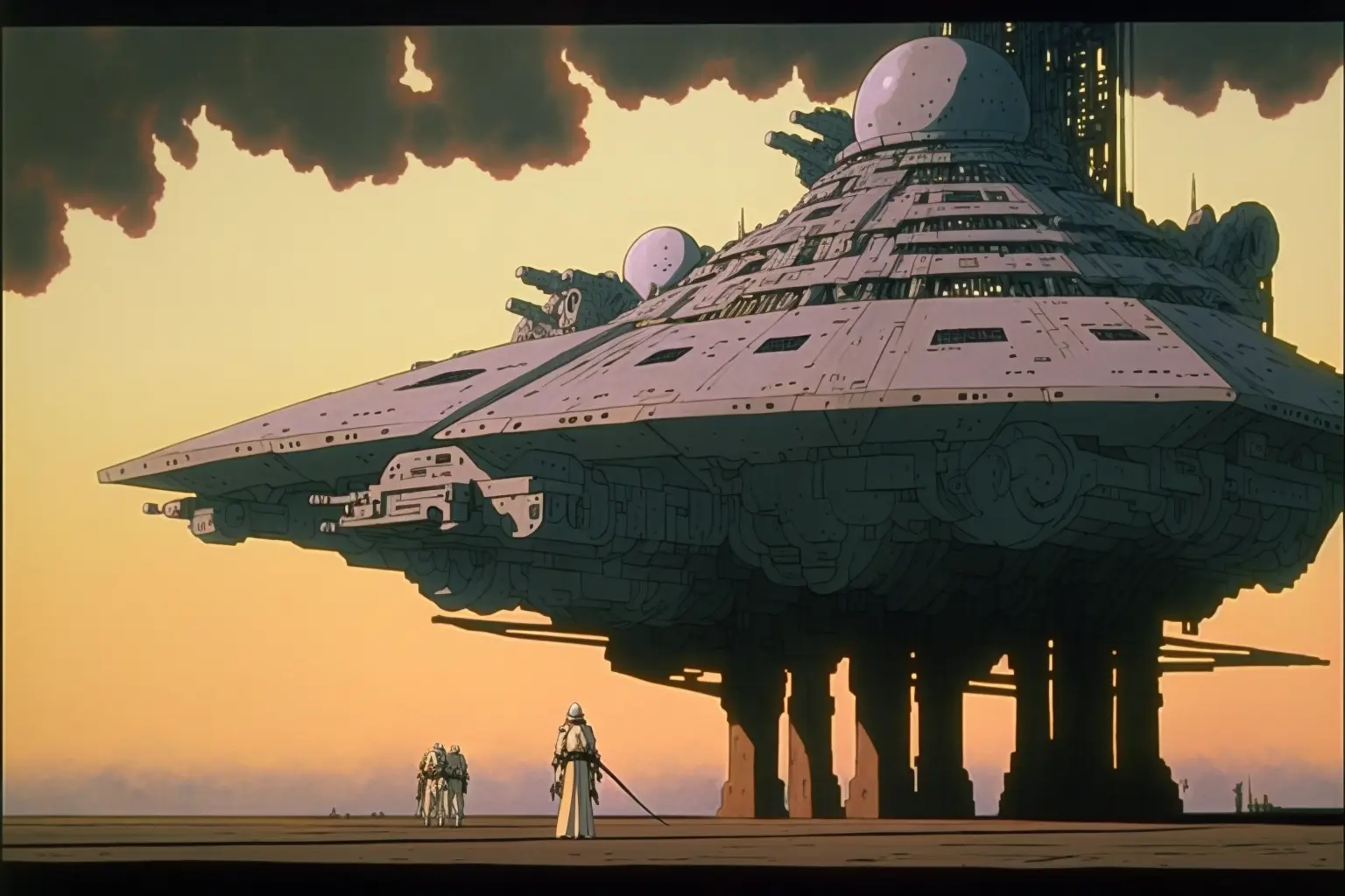 DVD screengrab from studio ghibli movie, star wars imperial star destroyer, directedd by Hayao Miyazaki, retro anime